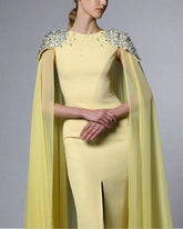 Yellow Crepe Embroidered Dress with Chiffon Head - Lucy